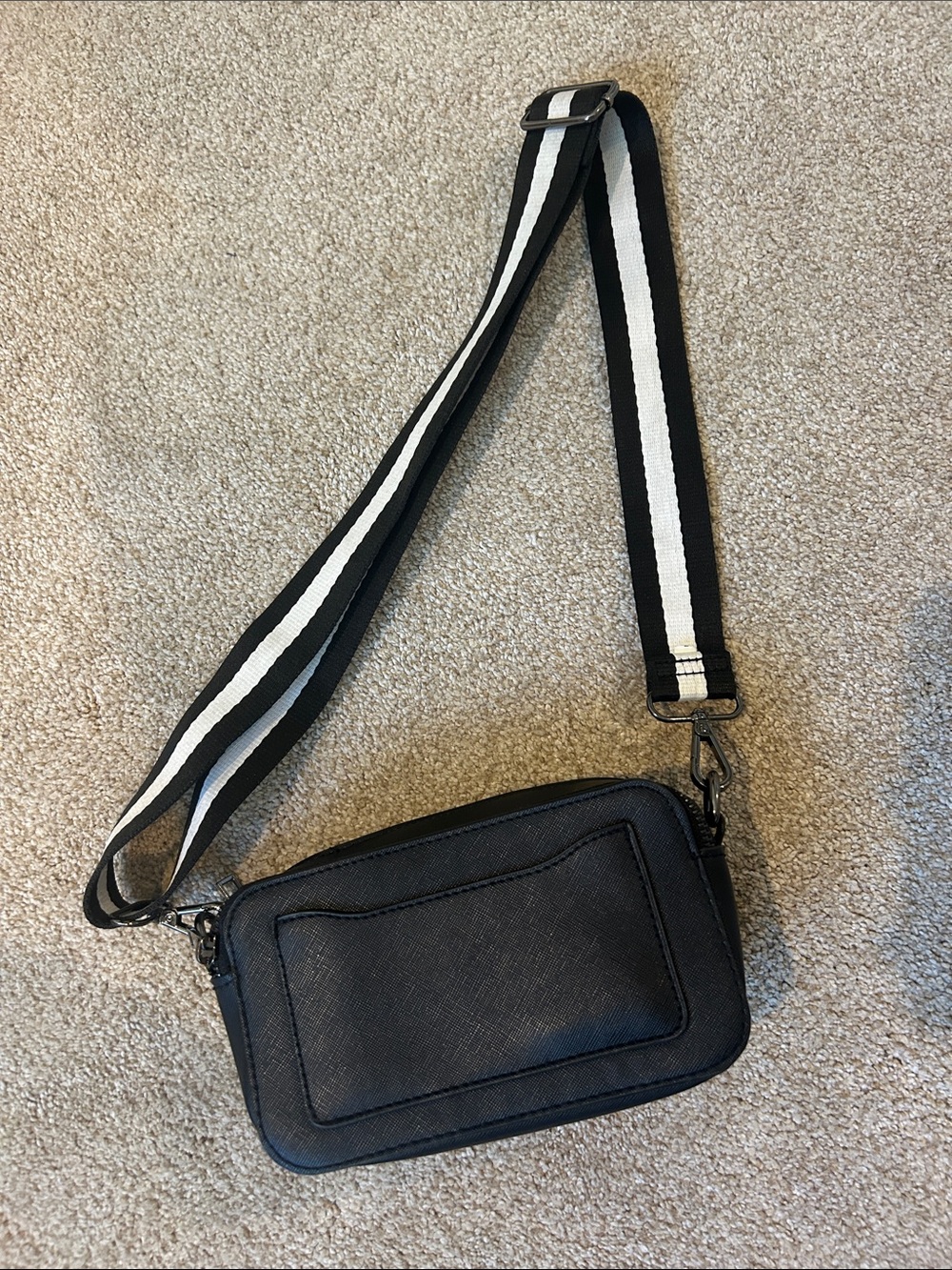 Chic Black Crossbody Bag with Striped Adjustable Strap
